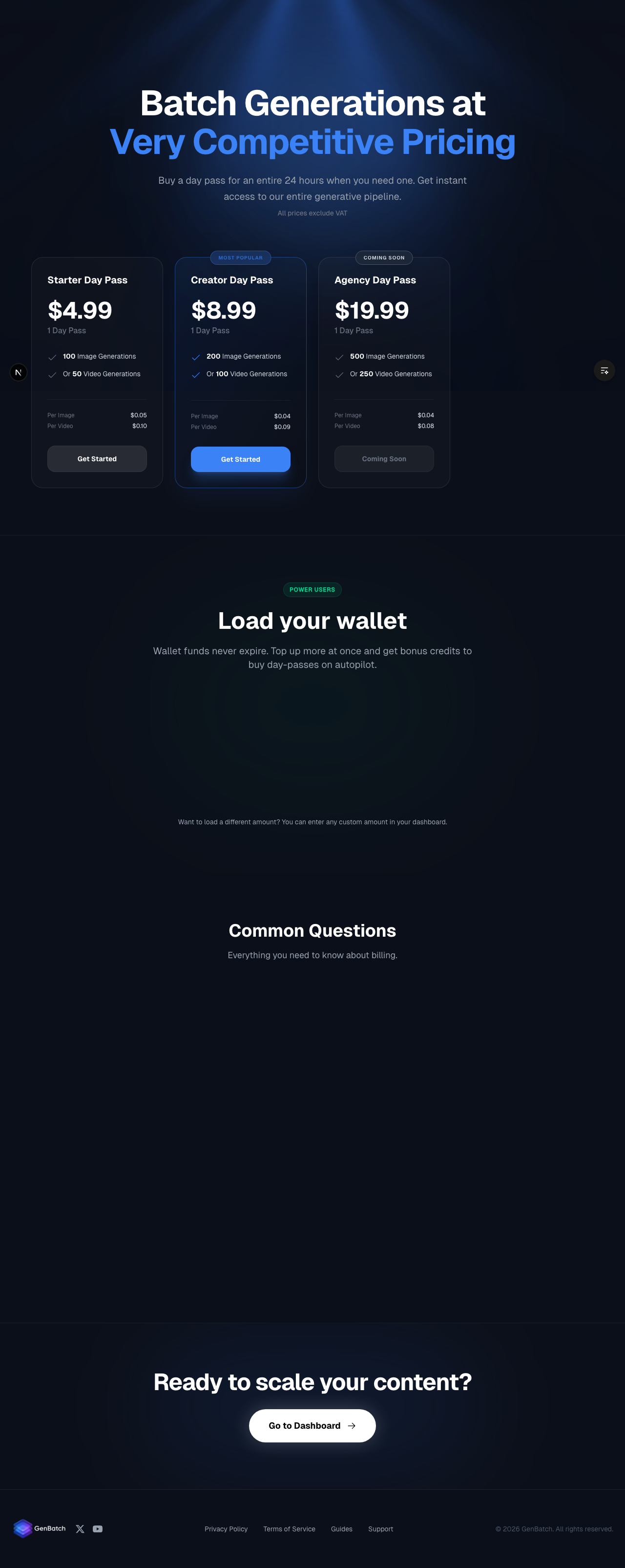 GenBatch pricing page showing day pass tiers from $1 to $5