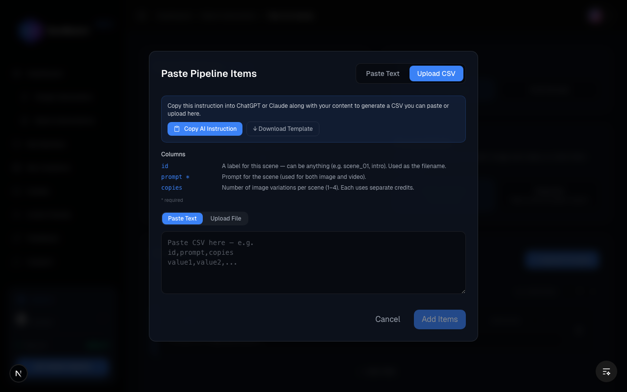 GenBatch CSV import interface showing batch video prompts
