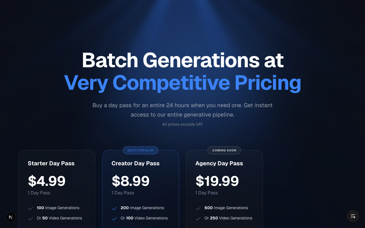 GenBatch pricing page showing day pass tiers