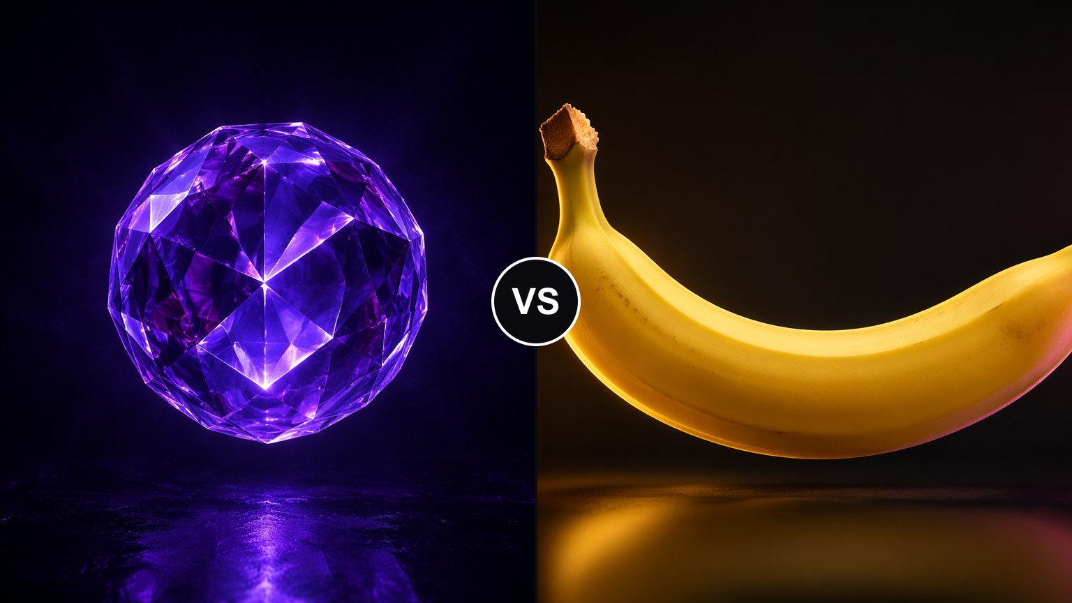 GPT Image 2 versus Nano Banana 2, a glowing violet crystalline orb facing a warm-lit banana
