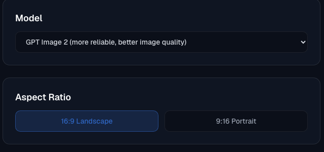 GenBatch model picker set to GPT Image 2 with a 16:9 landscape aspect ratio